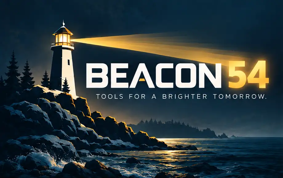 Beacon54 coastal lighthouse artwork with the slogan Tools for a Brighter Tomorrow.